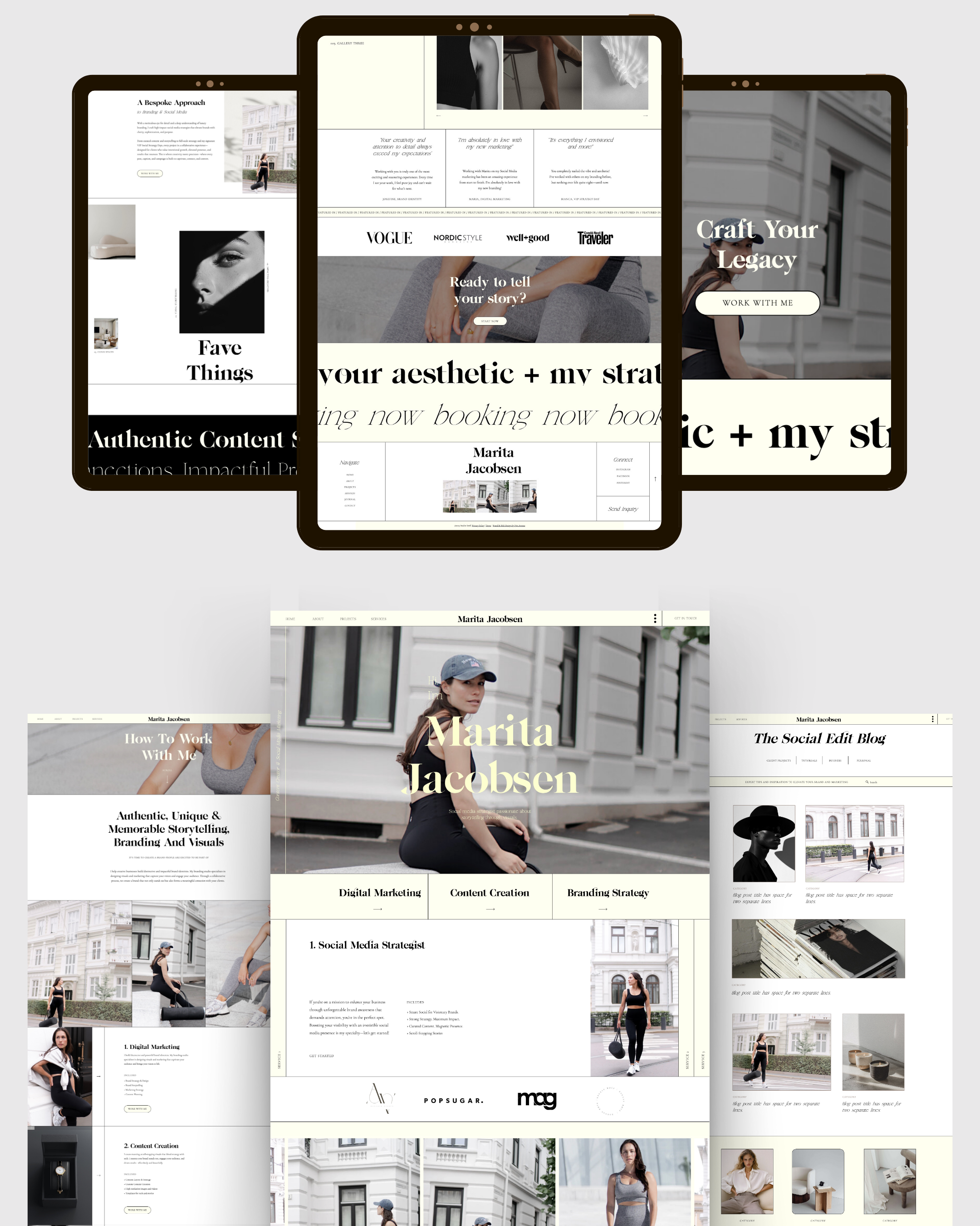 Best Showit Website Template for social media marketing manager, digital marketing manager, content creation, creatives, agency and studio. Modern, minimal, yellow and light portfolio layout with homepage, about me, service page and contact us. Easy to customize.