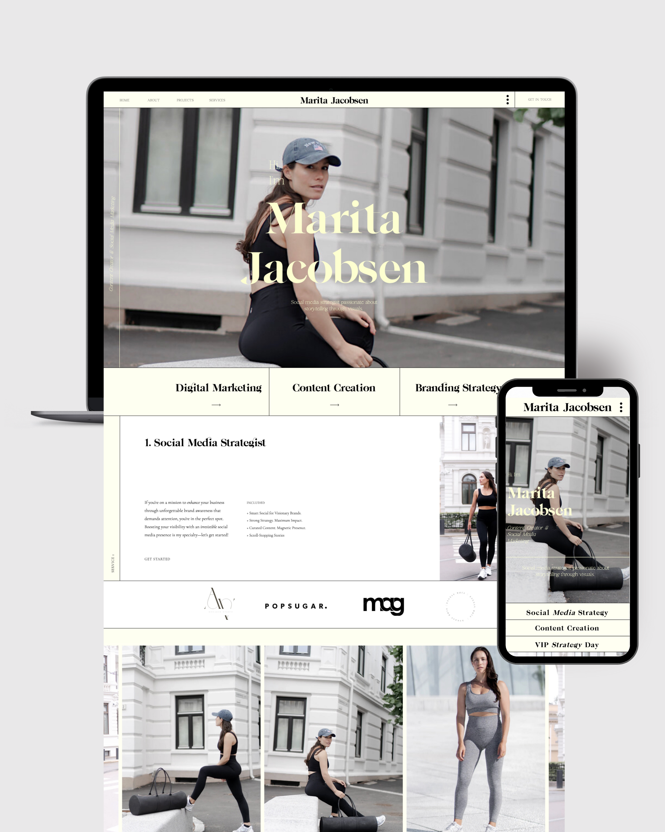 Best Showit Website Template for social media marketing manager, digital marketing manager, content creation, creatives, agency and studio. Modern, minimal, yellow and light portfolio layout with homepage, about me, service page and contact us. Easy to customize. 