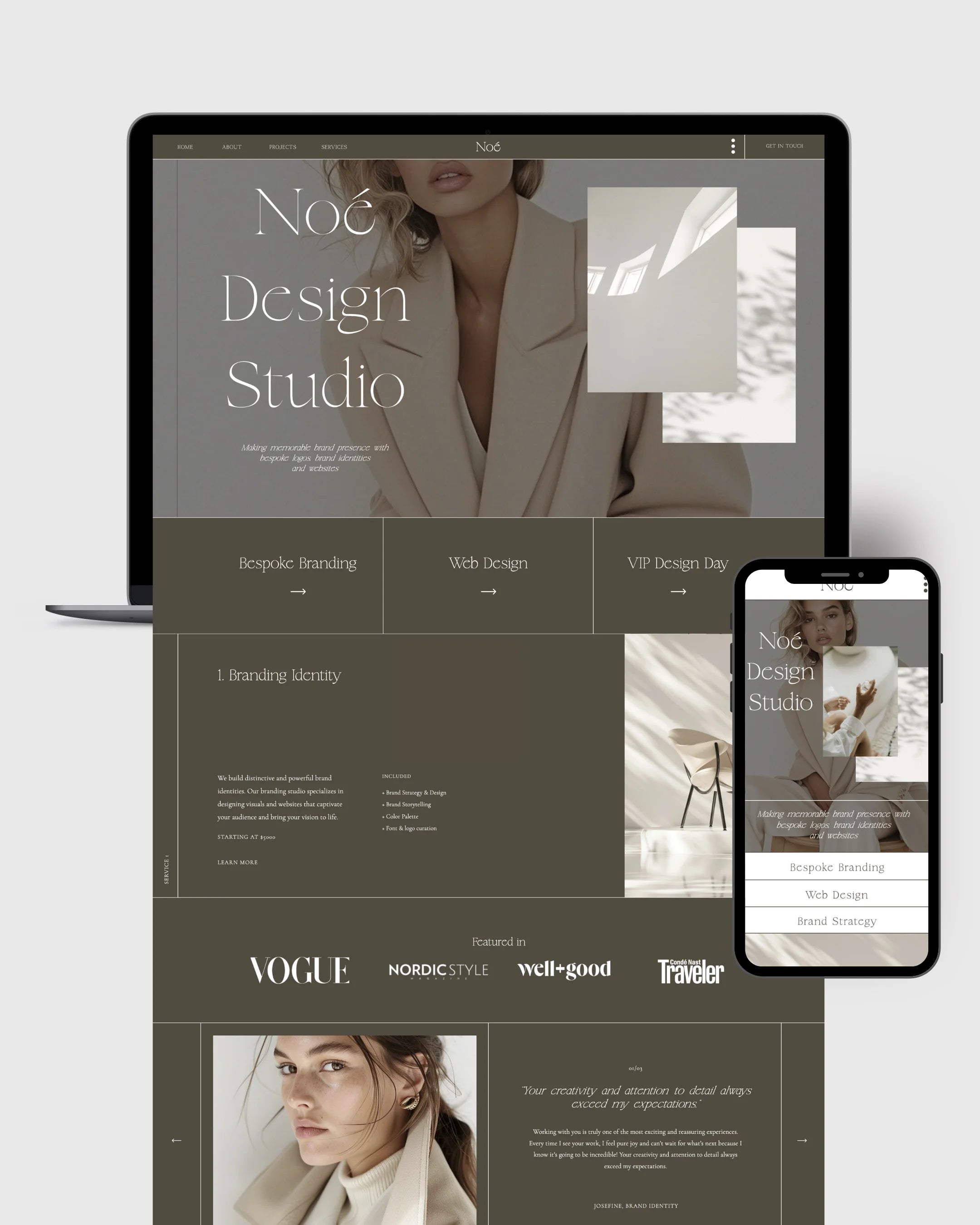 Noé Design Studio dark mode website template homepage – luxury branding for design agency, designers and creative professionals