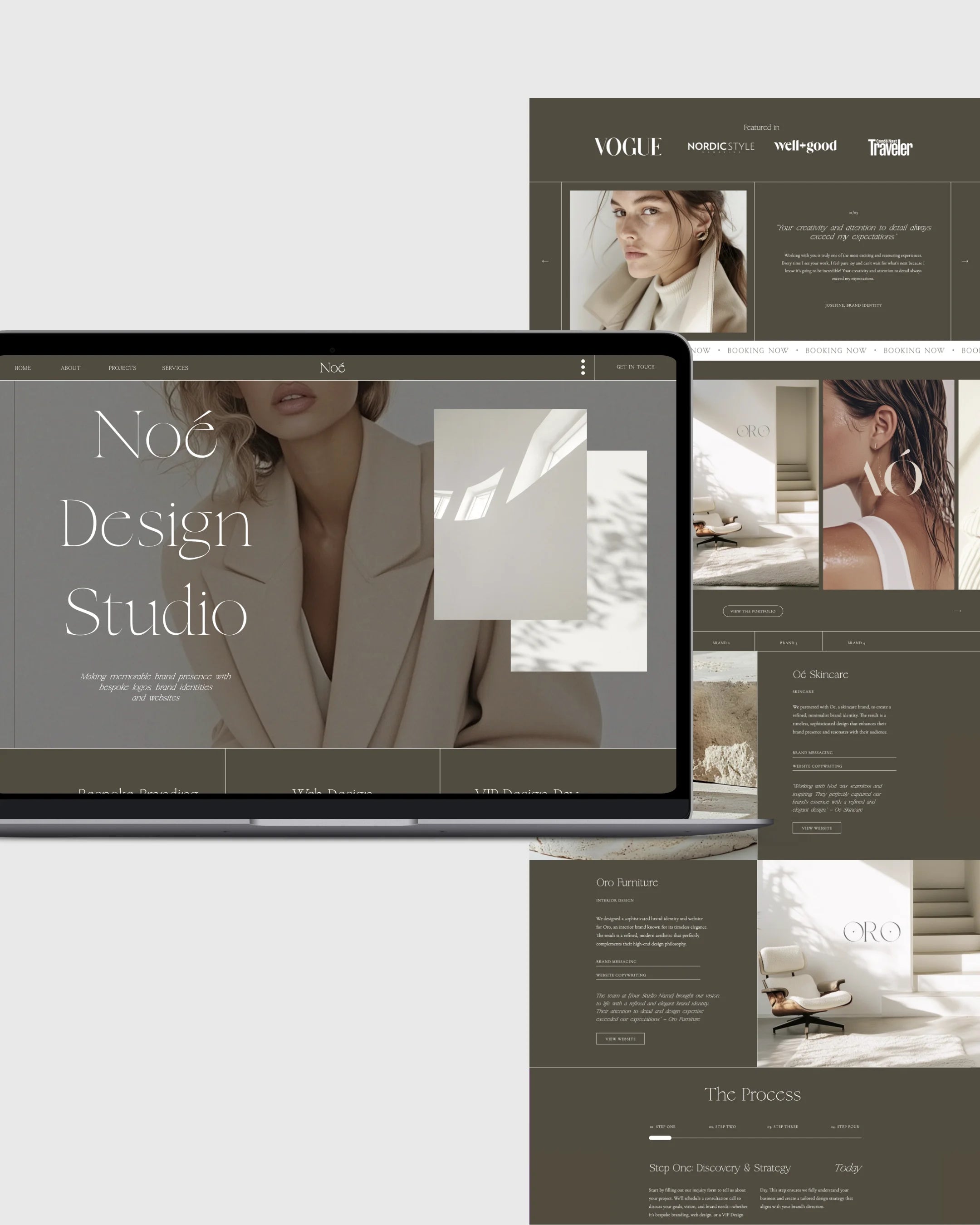 Editorial-style Showit website template with deep green background, perfect for high-end design studios and agencies
